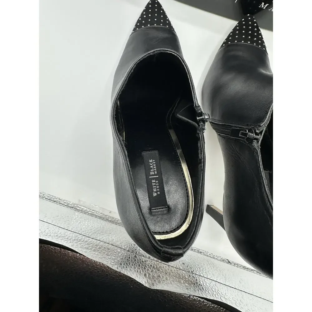 White House Black Market Black Leather Studded Toe Stiletto Ankle Booties, 10